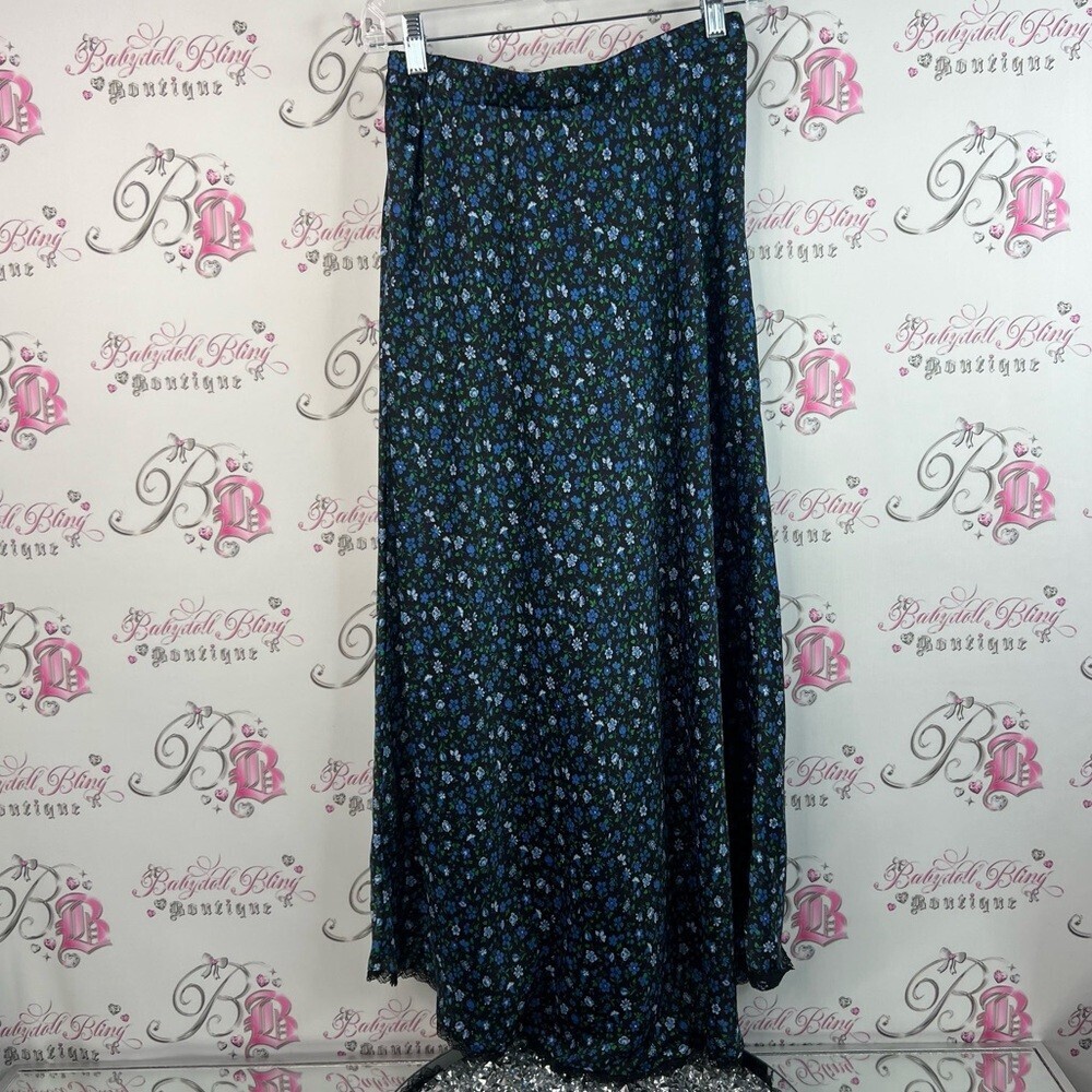 Zara long maxi flowers black Floral Blue Skirt green lace trim bottom hem - Picture 2 of 13
